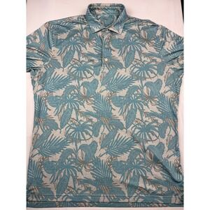 Johnnie-O Polo Shirt Large Blue Tropical Palm Print Performance Gamble Sands